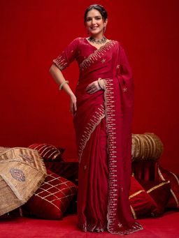 SATRANI - Red Embroidered Sequins Scalloped Border Satin Saree with Unstitched Blouse