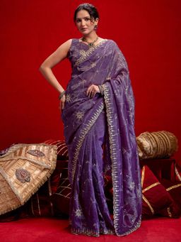SATRANI - Dusty Purple Embroidered Scalloped Border Chiffon Saree with Unstitched Blouse
