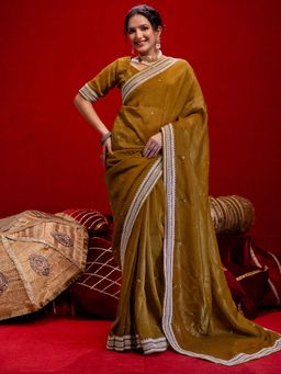 SATRANI - Mustard Sequins Embroidery Chiffon Saree with Unstitched Blouse
