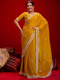 SATRANI - Yellow Sequins Embroidery Scalloped Border Saree with Unstitched Blouse