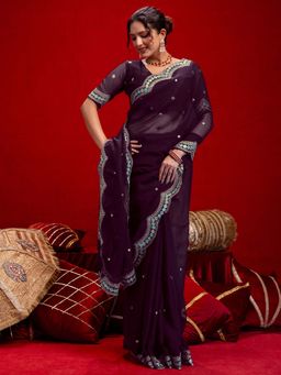 SATRANI - Dark Wine Embroidered Scalloped Border Chiffon Saree with Unstitched Blouse