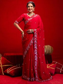 SATRANI - Red Embroidered Sequins Scalloped Border Silk Saree with Unstitched Blouse