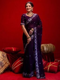 SATRANI - Purple Embroidered Sequins Scalloped Border Silk Saree with Unstitched Blouse