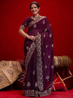 SATRANI - Wine Embroidery Scalloped Border Chiffon Saree with Unstitched Blouse