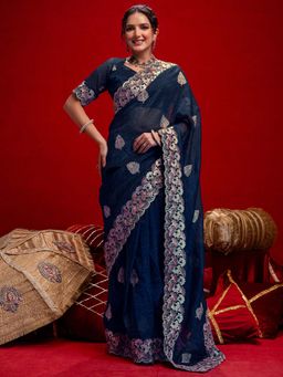 SATRANI - Navy Blue Embroidery Scalloped Border Chiffon Saree with Unstitched Blouse