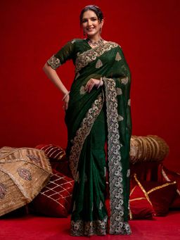 SATRANI - Dark Green Embroidery Scalloped Border Chiffon Saree with Unstitched Blouse