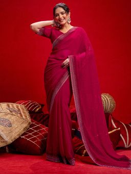 SATRANI - Rani Pink Stone Work Georgette Saree with Unstitched Blouse