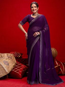 SATRANI - Purple Stone Work Georgette Saree with Unstitched Blouse