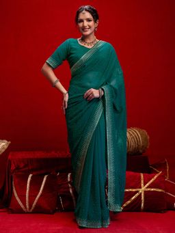 SATRANI - Teal Blue Stone Work Georgette Saree with Unstitched Blouse