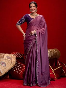 SATRANI - Dark Mauve Embroidery Lace Georgette Saree with Unstitched Blouse