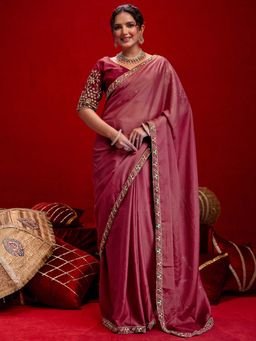 SATRANI - Rose Pink Embroidery Lace Georgette Saree with Unstitched Blouse