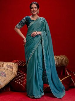 SATRANI - Turquoise Embroidery Lace Georgette Saree with Unstitched Blouse
