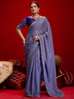 SATRANI - Purple Embroidery Lace Georgette Saree with Unstitched Blouse