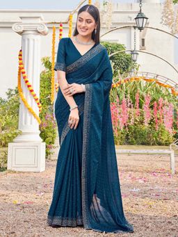 SATRANI - Rama Teal Stone Work Georgette Saree with Unstitched Blouse