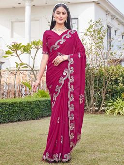 SATRANI - Dark Pink Sequins Embroidery Scalloped Border Saree with Unstitched Blouse