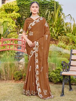 SATRANI - Brown Sequins Embroidery Scalloped Border Georgette Saree with Unstitched Blouse