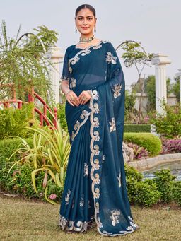 SATRANI - Teal Blue Sequins Embroidery Scalloped Border Saree with Unstitched Blouse
