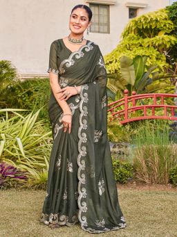SATRANI - Olive Green Sequins Embroidery Scalloped Border Saree with Unstitched Blouse