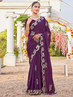 SATRANI - Wine Sequins Embroidery Scalloped Border Georgette Saree with Unstitched Blouse