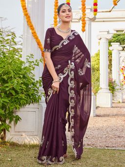 SATRANI - Dark Brown Sequins Embroidery Scalloped Border Saree with Unstitched Blouse