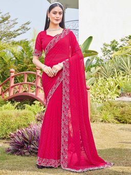 SATRANI - Pink Stone Work Scalloped Border Georgette Saree with Unstitched Blouse