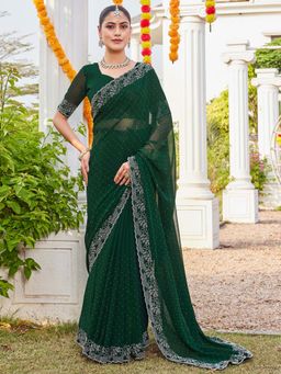 SATRANI - Green Stone Work Scalloped Border Georgette Saree with Unstitched Blouse
