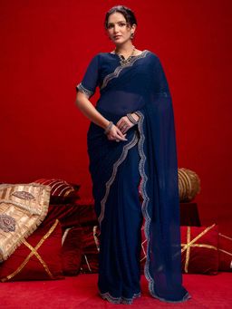 SATRANI - Navy Blue Stone Work Scalloped Border Georgette Saree with Unstitched Blouse