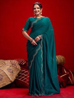 SATRANI - Teal Green Stone Work Scalloped Border Georgette Saree with Unstitched Blouse