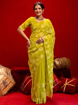 SATRANI - Lime Yellow Embroidery Scalloped Border Chiffon Saree with Unstitched Blouse