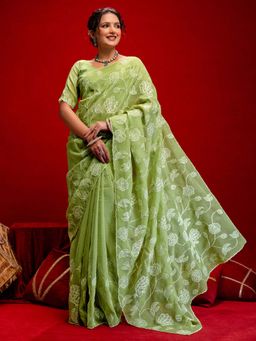 SATRANI - Pista Green Embroidery Scalloped Border Chiffon Saree with Unstitched Blouse