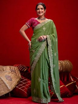 SATRANI - Olive Green Embroidery Scalloped Border Georgette Saree with Unstitched Blouse