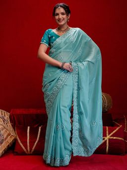 SATRANI - Light Turquoise Embroidery Scalloped Border Saree with Unstitched Blouse