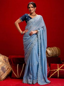 SATRANI - Light Blue Embroidery Scalloped Border Georgette Saree with Unstitched Blouse