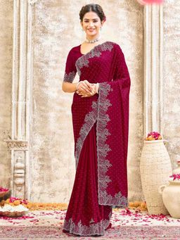 SATRANI - Maroon Stone Work Scalloped Border Georgette Saree with Unstitched Blouse