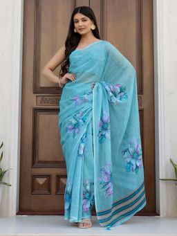 SATRANI - Turquoise Blue Floral Printed Foil Print Tassels Saree with Unstitched Blouse