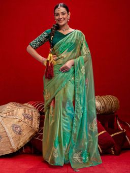 SATRANI - Light Green Floral Printed Foil Print Tassels Net Saree with Unstitched Blouse