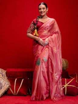SATRANI - Coral Pink Floral Printed Foil Print Tassels Net Saree with Unstitched Blouse