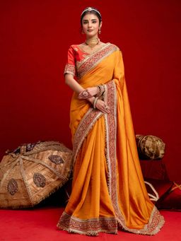 SATRANI - Orange Sequins Embroidery Lace Vichitra Silk Saree with Unstitched Blouse