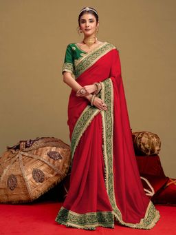 SATRANI - Red Sequins Embroidery Lace Vichitra Silk Saree with Unstitched Blouse