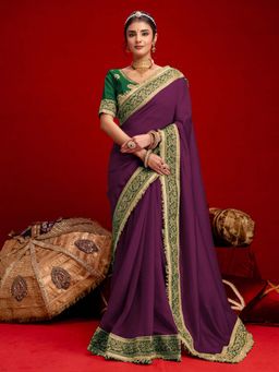 SATRANI - Dark Purple Sequins Embroidery Lace Vichitra Silk Saree with Unstitched Blouse