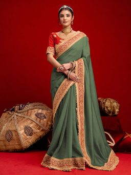 SATRANI - Dusty Green Sequins Embroidery Lace Vichitra Silk Saree with Unstitched Blouse