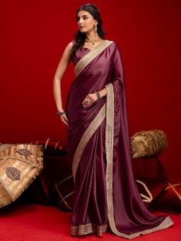 SATRANI - Dusty Wine Gota Lace Chinnon Silk Saree with Unstitched Blouse