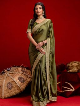 SATRANI - Mehndi Green Gota Lace Chinnon Silk Saree with Unstitched Blouse