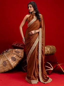SATRANI - Copper Gota Lace Chinnon Silk Saree with Unstitched Blouse