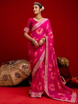 SATRANI - Pink Bandhani Printed Georgette Saree with Unstitched Blouse