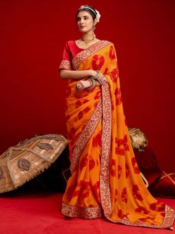 SATRANI - Orange Bandhani Printed Georgette Saree with Unstitched Blouse