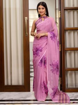 SATRANI - Pink Floral Printed Foil Print Tassels Georgette Saree with Unstitched Blouse