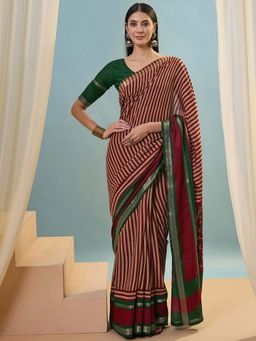 SATRANI - Maroon and Beige Printed Weaving Border Cotton Saree with Unstitched Blouse