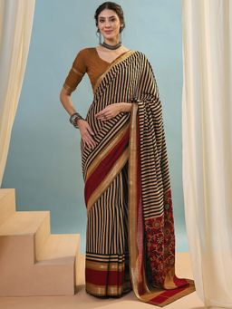 SATRANI - Black and Beige Printed, Weaving Border Cotton Saree with Unstitched Blouse