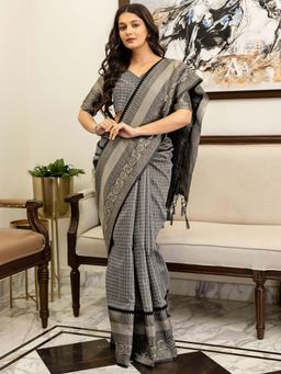 SATRANI - Grey Woven Cotton Silk Saree with Unstitched Blouse